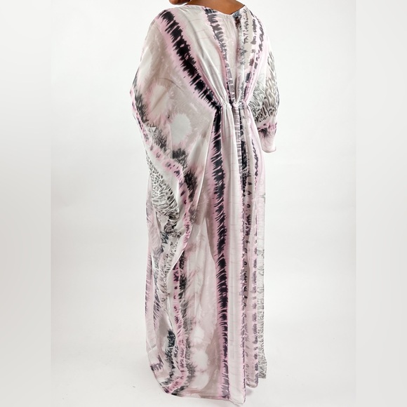 Pink and Gray Multicolor Abstract Animal Print Cinched Waist Sheer Chiffon Dress - Picture 4 of 6